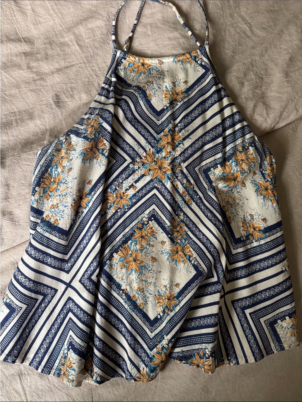 O'Neill Navy, Cream and Yellow Floral Halter Tank
